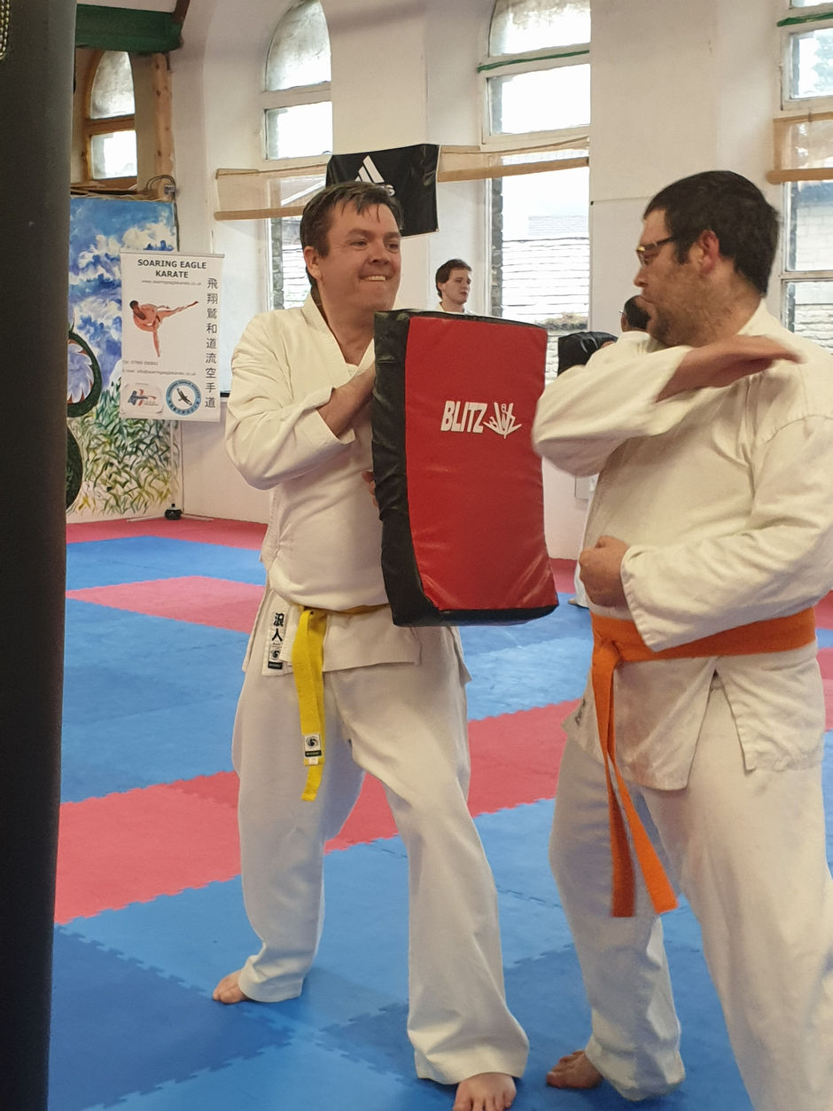 Adult beginners training karate in a supportive class at Soaring Eagle Karate in Keighley