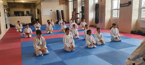 Children practising discipline and focus in a structured kids karate class at Soaring Eagle Karate in Keighley