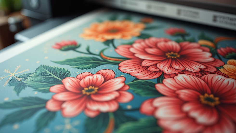 Close-up view of a vibrant screen print featuring floral designs
