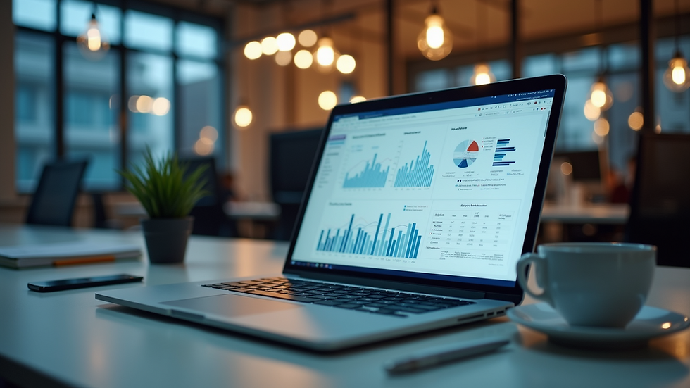 Eye-level view of a modern office desk with a laptop displaying data analytics