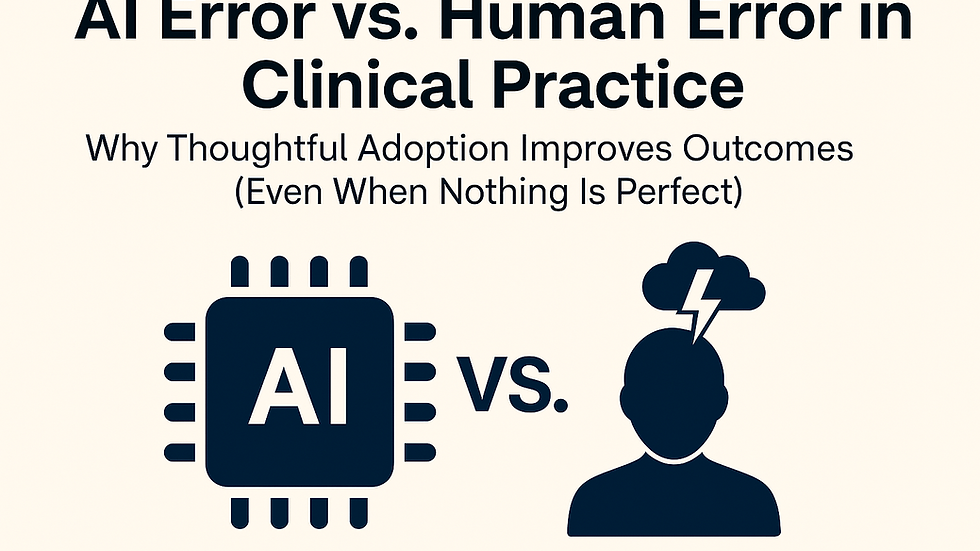 Thumbnail with article title AI Error vs. Human Error in Clinical Practice: Why Thoughtful Adoption Improves Outcomes (Even When Nothing Is Perfect) and an image with AI and human and cloud with lightening bolt.