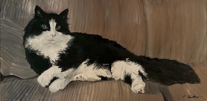 A painting of a black and white tuxedo cat stretched out on a couch.