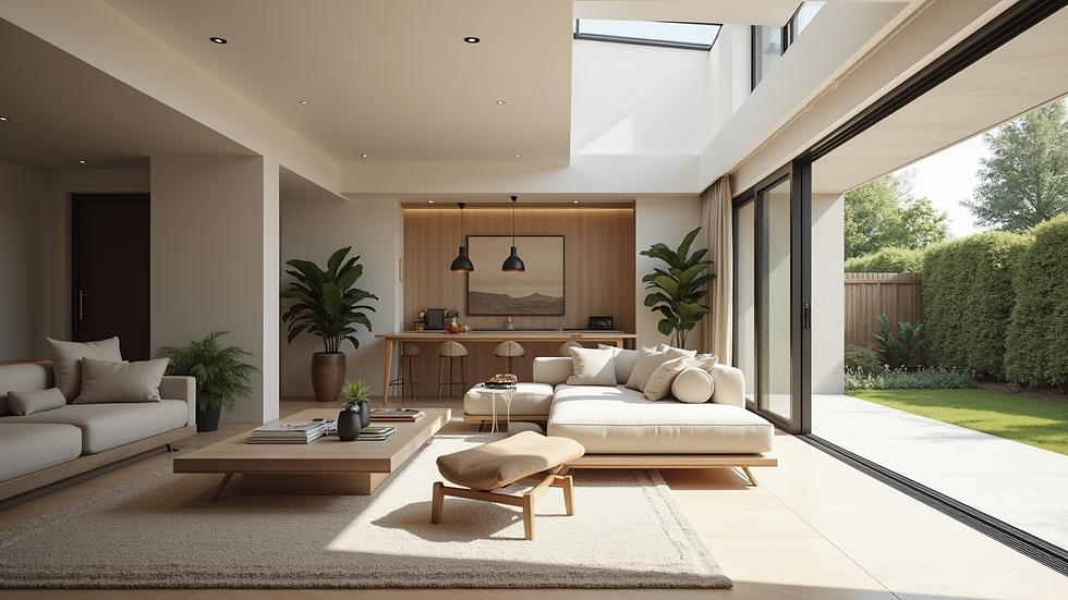 Wide angle view of a spacious, newly-built home extension