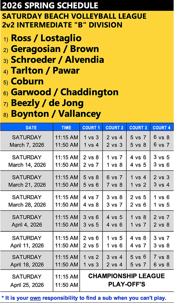 2v2 "B" League Schedule