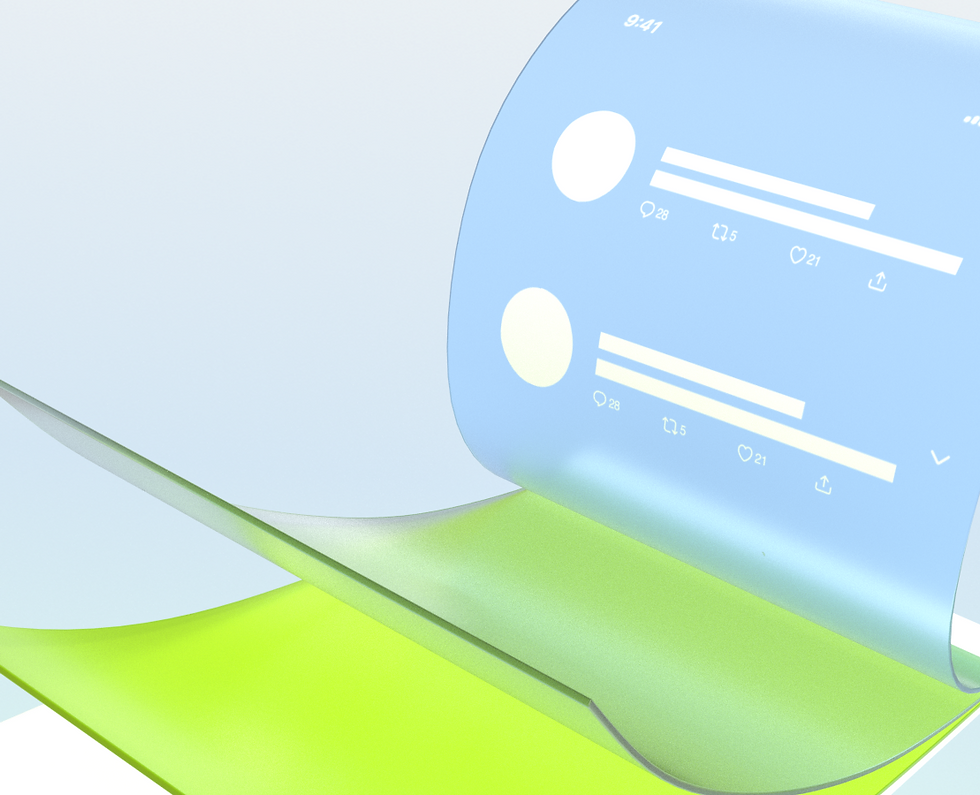 An illustration of a Twitter feed, depicted as a page in a transluscent blue and green notepad.