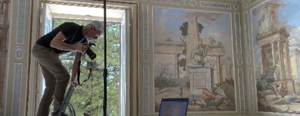 A photo of a man who is taking photos of Italian frescoes while on a ladder.