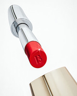 A CG concept lipstick rendering featuring a strong horizontal visual perspective over a white background.