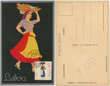 A full-color illustrated postcard that reads "Costumes de Portugal - OVARINA." Courtesy Conservas de Portugal.