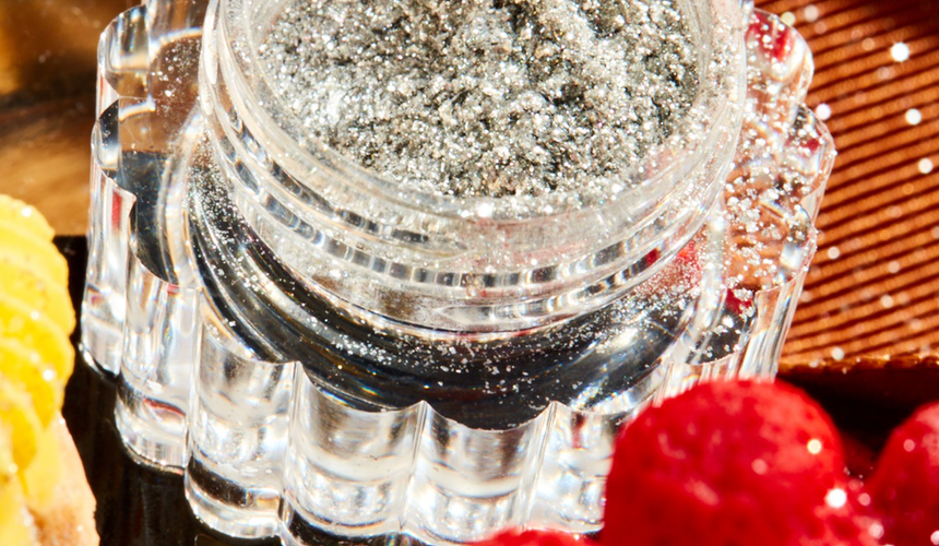 Product photography depicting a glass jar of silvery powder for Australian food coloring company Colour Mill, courtesy Universal Favourite.