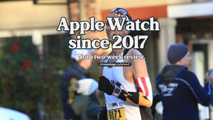 Runner wearing an Apple Watch Series 3 at the 2018 California International Marathon, with the text "Apple Watch since 2017. Not a two-week review