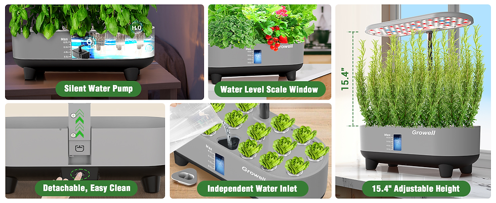 Indoor hydroponic garden system with lush plants, water inlet, scale window, and adjustable LED height. Features text labels.