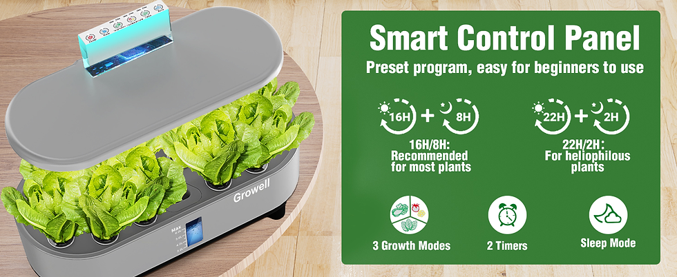 Hydroponic system with lettuce on a wooden surface. Green text reads "Smart Control Panel" with plant growth tips and modes.