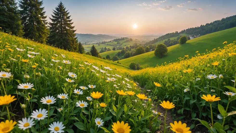 Eye-level view of a peaceful landscape with blooming flowers and greenery