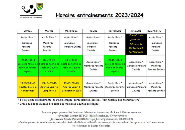 Horaire des entrainements 2023-2024