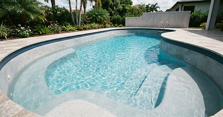 Modern luxury swimming pool featuring a versatile cement rendered interior over a concrete shell, showcasing custom curved steps and crystal clear blue water in a tropical backyard setting.