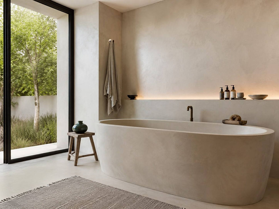 Luxury modern bathroom featuring a custom freestanding bathtub, walls, and floors entirely finished in a seamless, waterproof microcement by JT Industries & Co, creating a cohesive minimalist aesthetic.