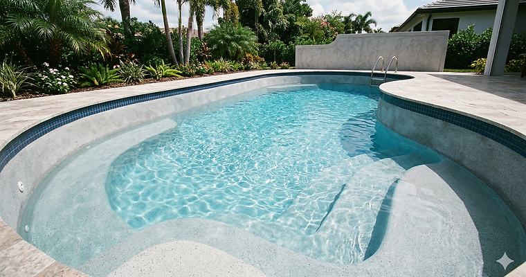 Modern luxury swimming pool featuring a versatile cement rendered interior over a concrete shell, showcasing custom curved steps and crystal clear blue water in a tropical backyard setting.