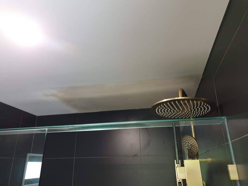 Interior view of a modern bathroom showcasing a seamless ceiling plaster repair above a shower, expertly prepped for a flawless paint finish by JT Industries & Co.