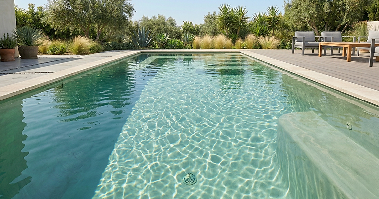 Modern rectangular swimming pool with a sage green microcement interior finish, filled to the top with crystal clear water, showcasing integrated concrete steps and minimalist stone coping in a contemporary backyard