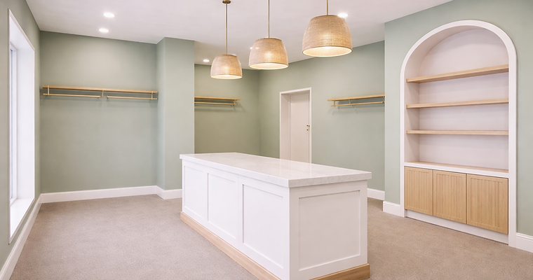 Freshly painted retail shop interior with sage green walls, clean white display counter, light timber shelving, and neutral carpet flooring, creating a modern and minimal commercial fit-out finish.