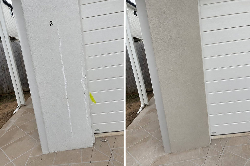 A before-and-after comparison of a building column, showing cracked, drummy render successfully repaired to a smooth grey finish.