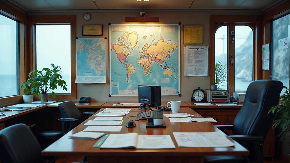High angle view of a marine consultancy office with nautical charts and equipment
