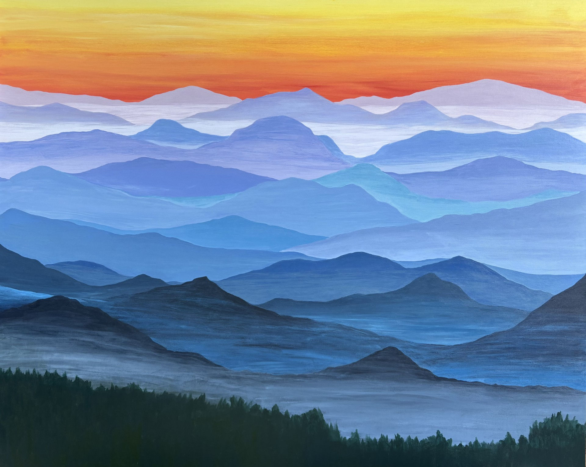 Blue mountain range with orange sky at sunset; Blue Ridge Mountain background. Pam's artwork.