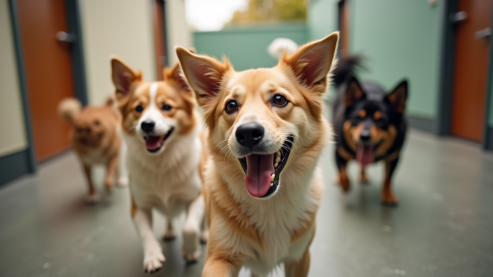 Eye-level view of a happy dog playing with other dogs at daycare