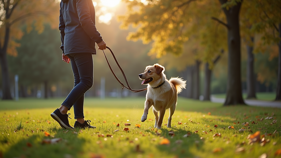 High angle view of a dog walker picking up dog waste in a park