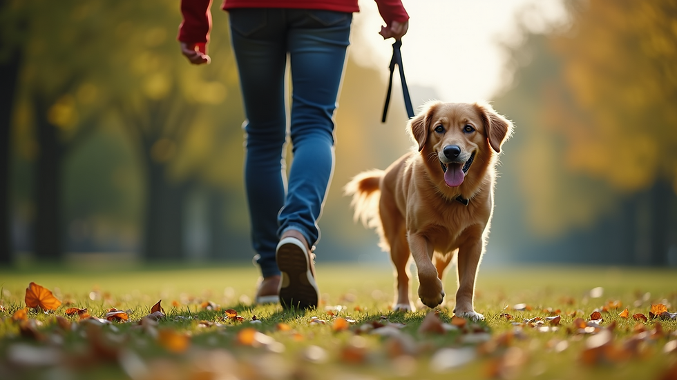 Eye-level view of a dog walker holding a leash in a park