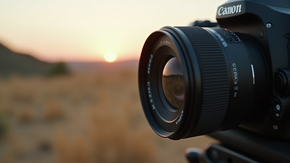 Close-up view of a camera lens focusing on a scenic outdoor location
