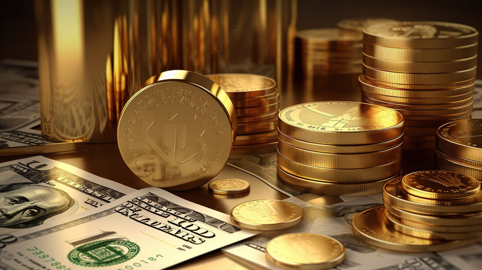 Gold coins and bars stacked on 100 dollar bills, close-up. The scene is rich in golden hues, exuding wealth and luxury.