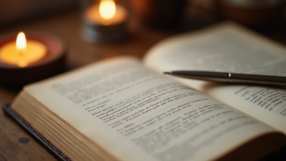 Vue de côté d'un carnet ouvert avec les 5 principes du reiki écrits à la main