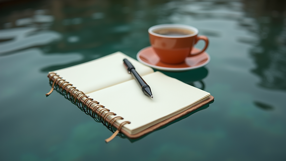 Vue en plongée d’un carnet de notes avec un stylo et une tasse de thé
