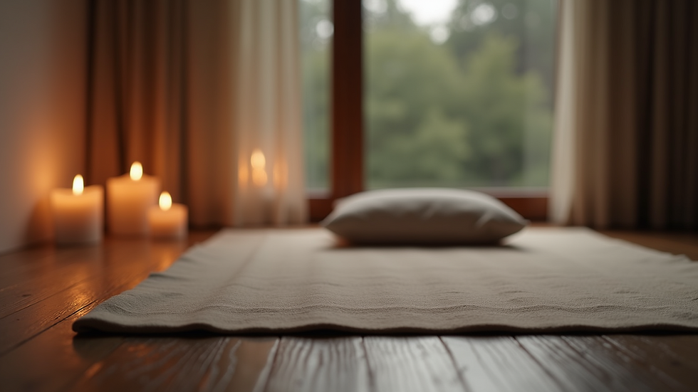 Vue en plongée d'une pièce calme avec un tapis de méditation et des bougies allumées
