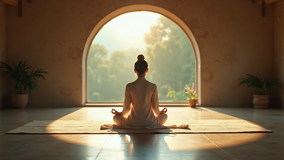 Wide angle view of a serene meditation setting with nature