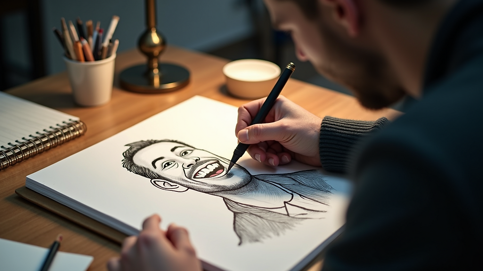 Close-up view of a caricature artist drawing a custom portrait
