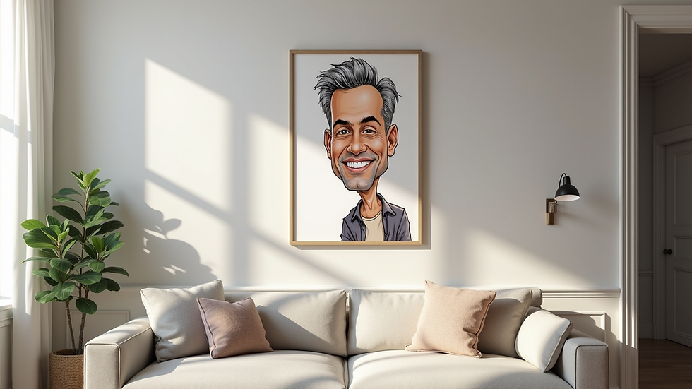 Eye-level view of a framed caricature portrait hanging on a living room wall