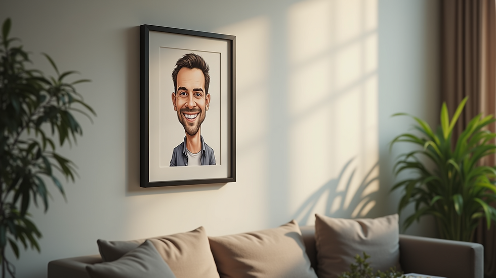 High angle view of a framed caricature gift hanging on a wall