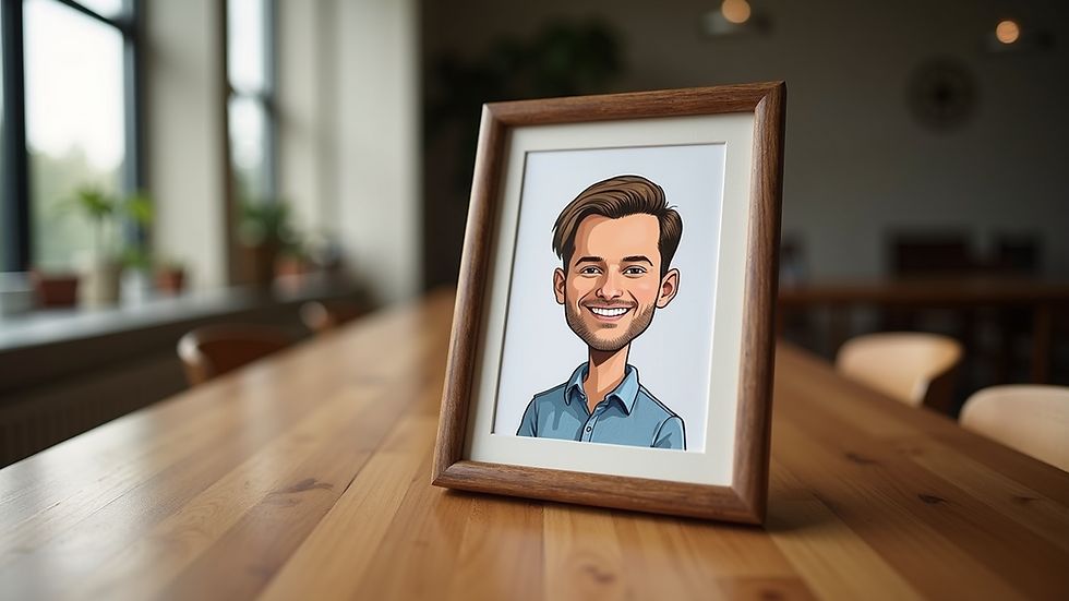 Eye-level view of a framed caricature gift on a wooden table