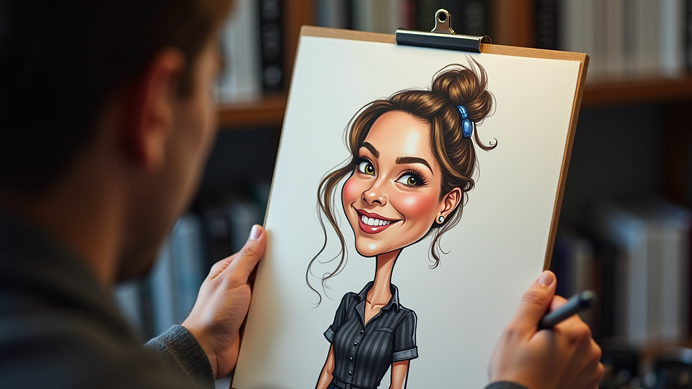 Close-up view of a caricature artist sketching a custom portrait