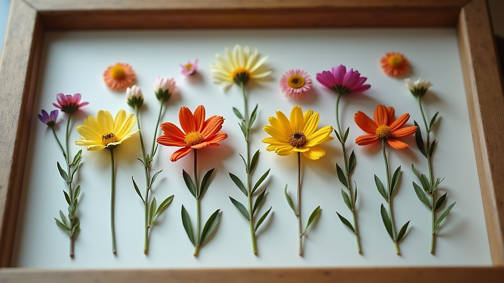 High angle view of pressed flowers arranged in a frame