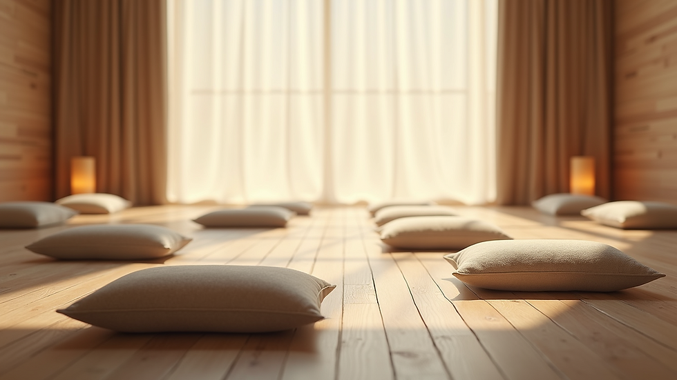Eye-level view of a serene meditation space with cushions and soft lighting