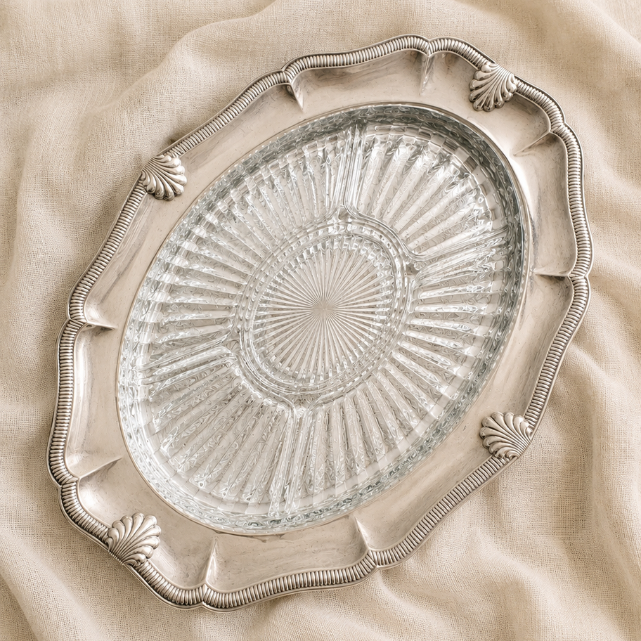 Vintage silver serving platter with removable cut glass insert for elegant weddings, high tea and luxury event styling.