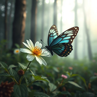 butterfly resting on a single flower in the forest with light fog.jpg