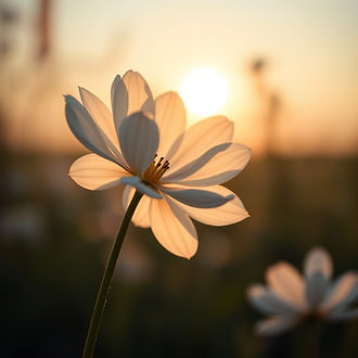 single white flower, cool color tones, risind sun.jpg