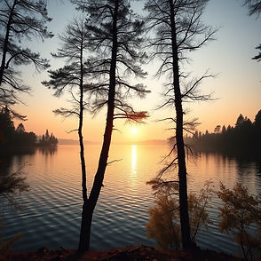 landscape image of lake with trees surrounding and a rising sun.jpg
