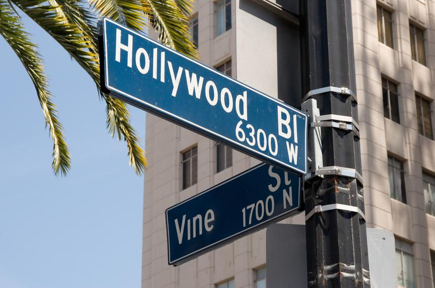 Hollywood and Vine street signs in color, Los Angeles, California.