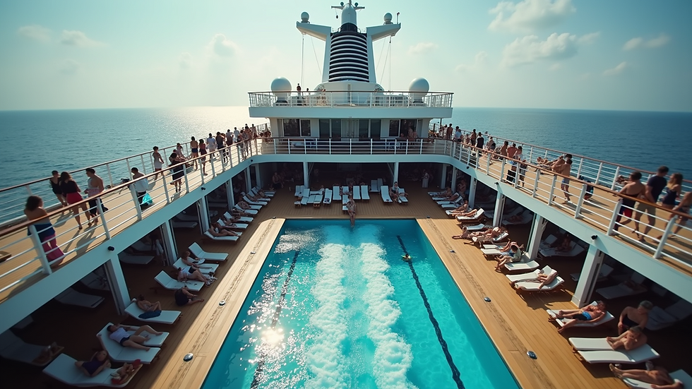 High angle view of a cruise ship deck bustling with passengers enjoying leisure activities