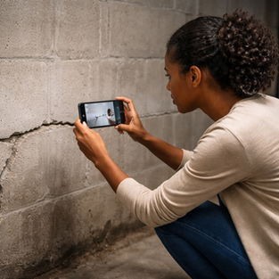 a woman inspecting a crack in her foundation
